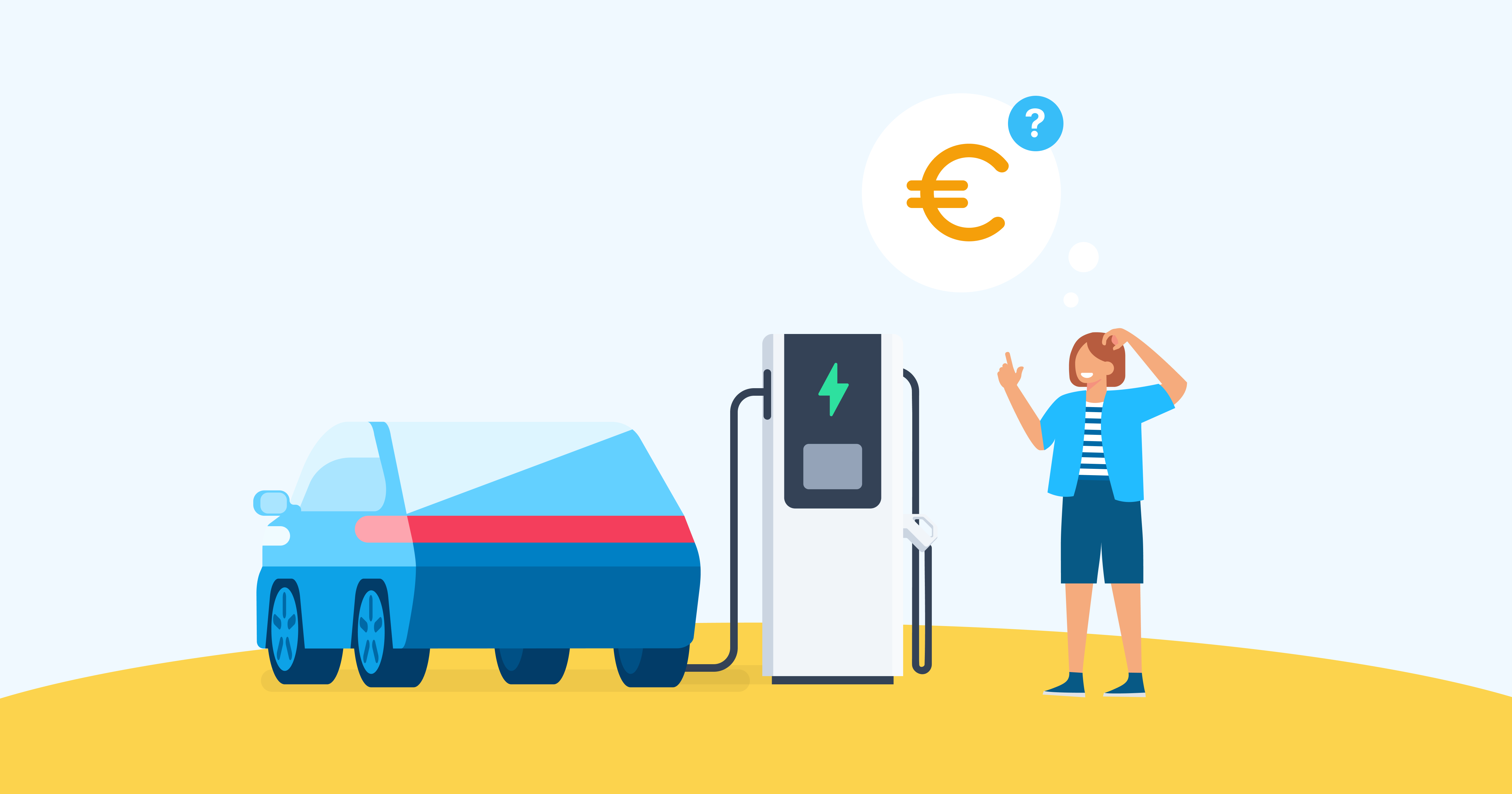 Illustration d'une borne de recharge pour voiture électrique avec une femme semblant s’interroger sur le coût de la recharge, symbolisé par un signe euro (€) en bulle de pensée.