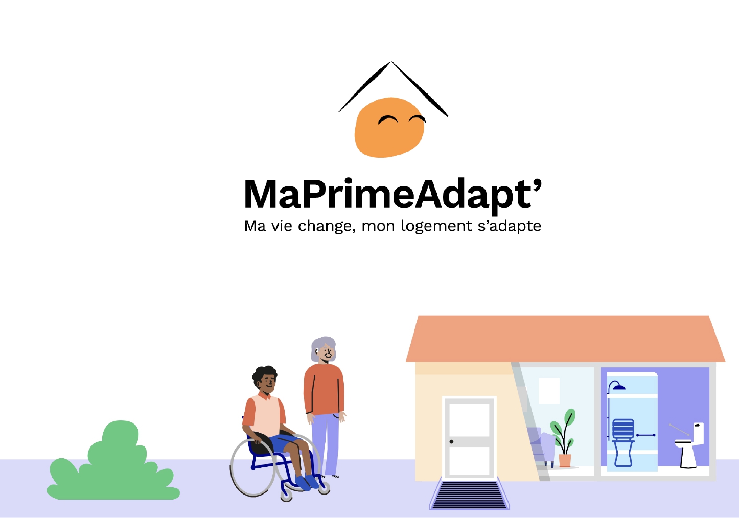 Aperçu de Ma Prime Adapt’, une aide pour l’aménagement des logements des personnes âgées et en situation de handicap. L’image montre une maison adaptée avec une rampe d’accès, une salle de bain sécurisée et deux personnages représentant les bénéficiaires.